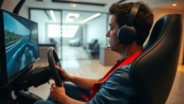 Person using driving simulator at home with modern interior design.