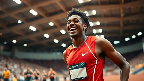 Anna Hall celebrating indoor track title victory, vibrant sports environment.