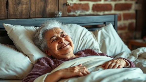Elderly woman recovering from hip surgery, resting in bed.