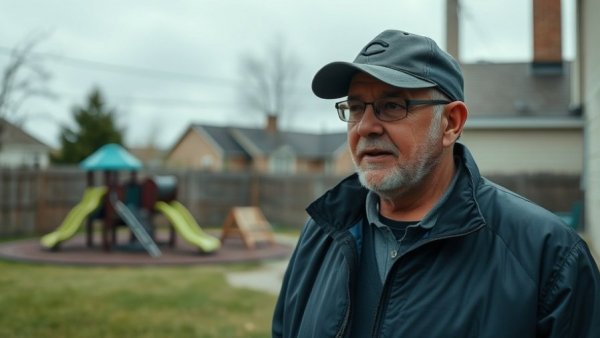 Man discussing lawn tips in a backyard setting on a cloudy day.