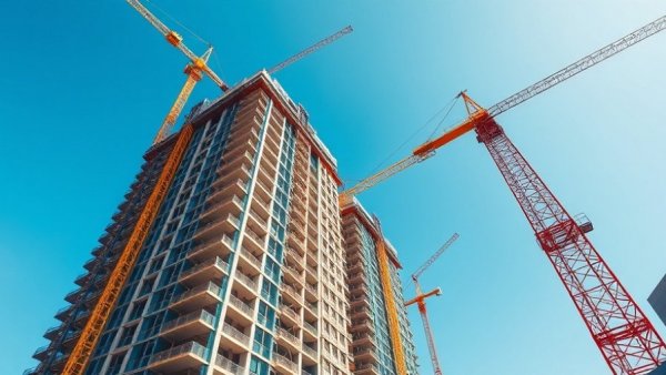 High-rise hotel construction with cranes in bright daylight, global hotel construction pipeline.