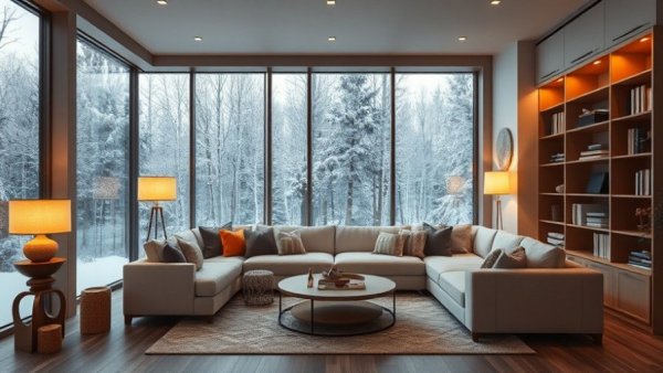 Modern living room design to beat winter blues with cozy ambiance.
