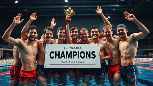 Howard University swimmers celebrate at Northeast Conference Championships with trophy and sign.