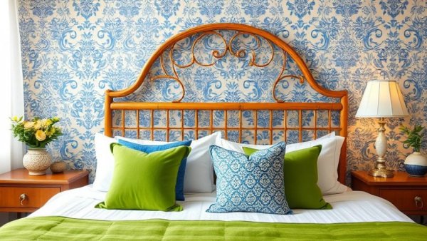 Charming spring bedroom decor with blue and white patterns.