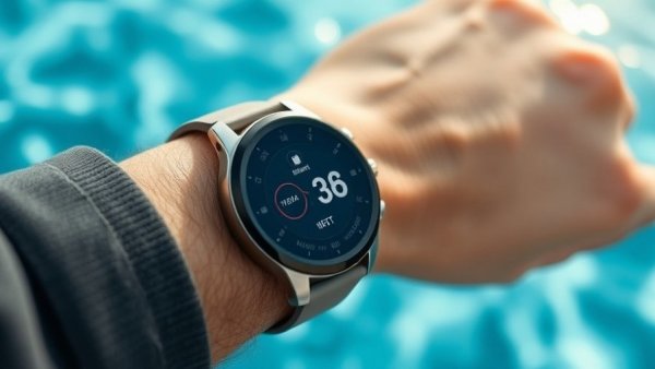 Smartwatch with workout display, essential swimming gear, vibrant colors.