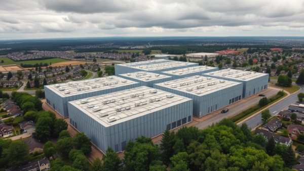 Aerial view of expansive data center with suburban backdrop, overcast sky.