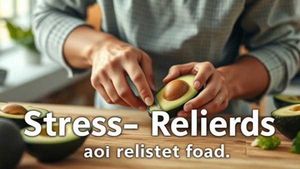 Stress-relieving foods include avocado, nuts, probiotics.