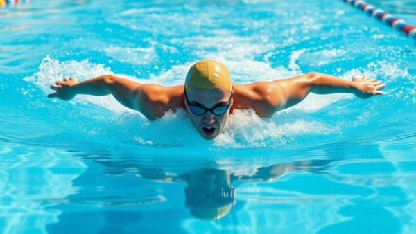 Proper pool etiquette shown by swimmer maintaining lane discipline.