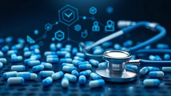 Futuristic medical icons over stethoscope and pills depicting expat health insurance updates 2026.