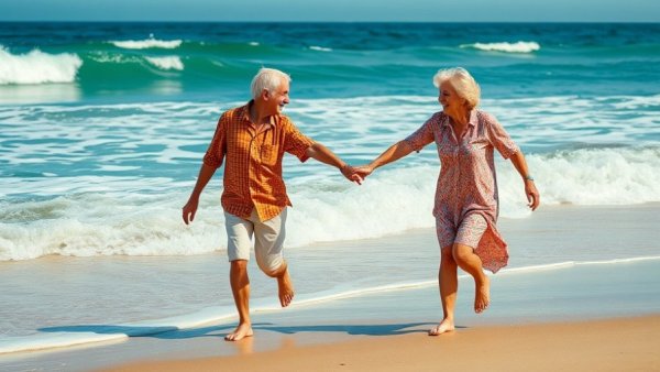 Elderly couple enjoying the beach, symbolizing UK State Pension Top-Up Increase.