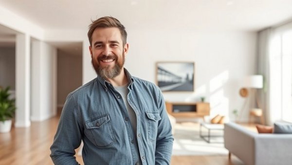 Benefits of staging your house, man showcasing staged vs. unstaged room.
