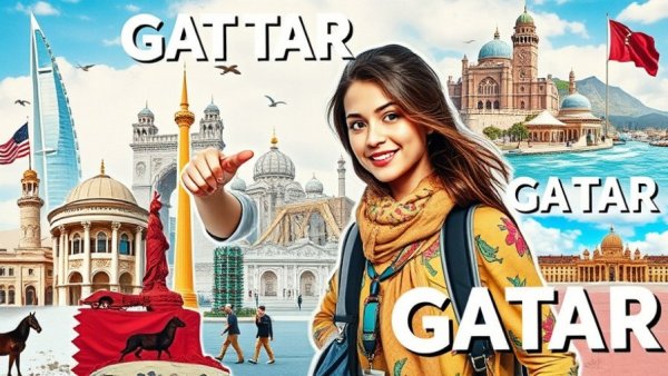 Dynamic collage of budget travel hacks in Qatar with lively scenes.