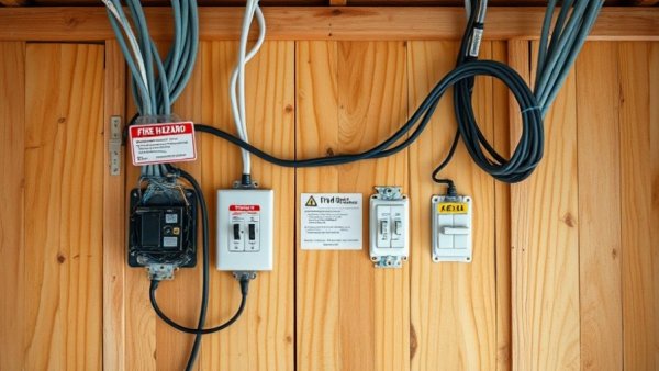 Electrical code violations in shed, fire hazard warning.