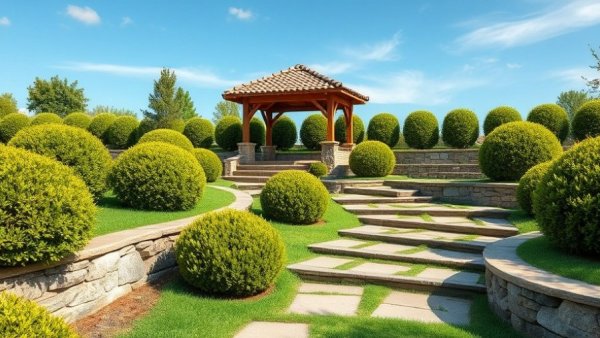 Landscape design in Grand Rapids with stone terraces and gazebo.