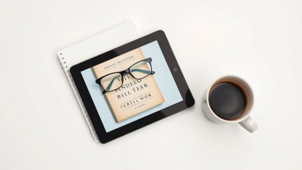 Digital book cover on tablet with coffee and glasses.