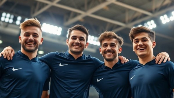 Athletes celebrate Distance Medley Relay results indoors.