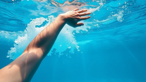 Underwater swimmer's arm moving in clear pool; keep the hand moving.
