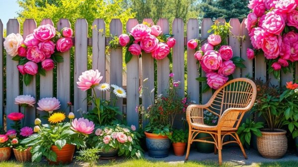 Cheerful floral mural provides backyard outdoor wall mural ideas.