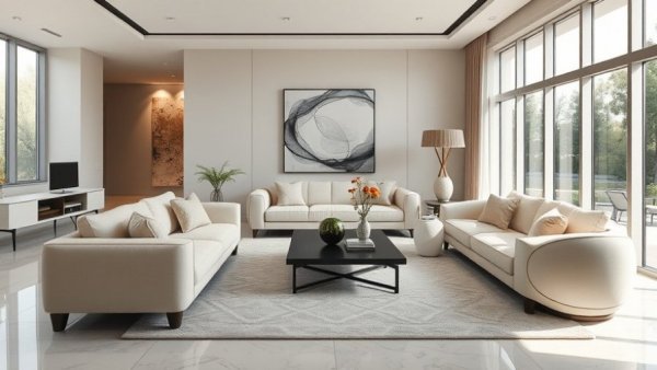 Chic 2026 living room design with cream sofas and artful decor.