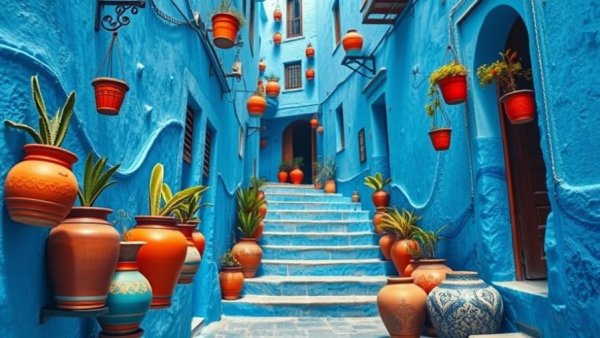 Charming blue street in Chefchaouen, vibrant travel destination.