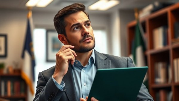 Confident man in office holding folder near flag, highlighting expats divorce custody topics.