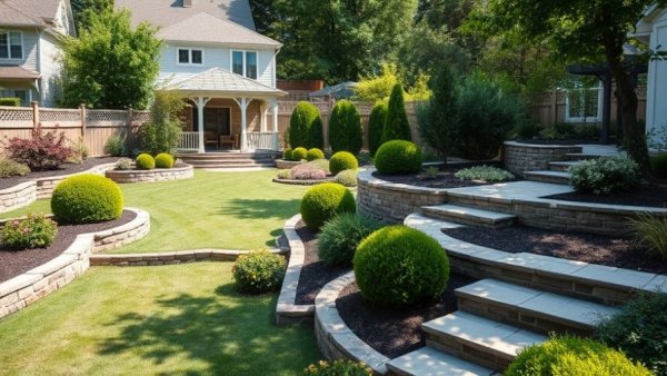Landscape Design in Grand Rapids: tiered garden with shrubs and gazebo.