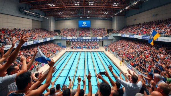 Enthusiastic fans cheer at an indoor Westmont sports event swimming competition.