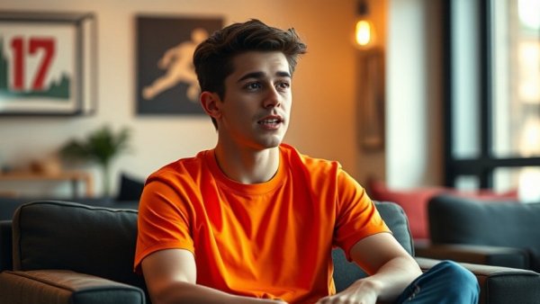 Young athlete discusses training experiences in a relaxed indoor setting.