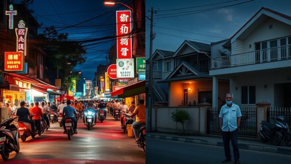 Retirement lifestyle contrast in Thailand, vibrant street vs quiet suburb