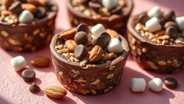 Exploremore Oat Cups with chocolate, almonds, and marshmallows on pink.