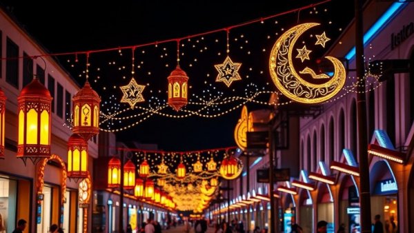 Ramadan decorations at West Walk Qatar with vibrant lights.