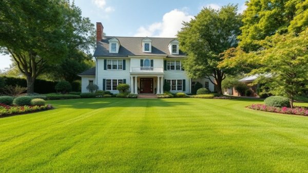 Elegant landscape showcasing vibrant layering with a suburban house.