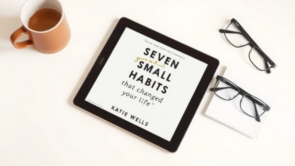 Tablet with book cover 'Seven Easy Habits' and coffee cup.