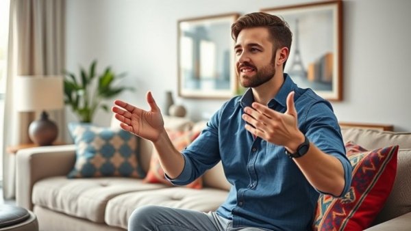 Man discussing mold contamination risks in a modern living room setting.