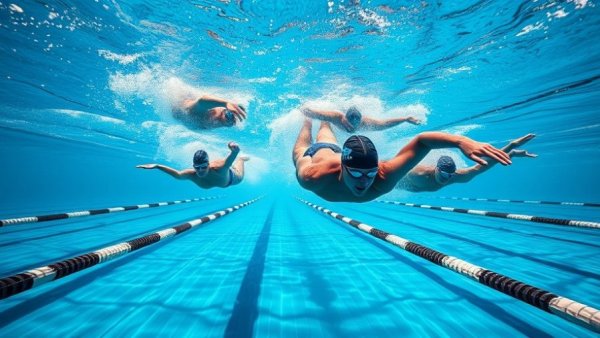 Underwater view of swimmers in a pool racing.