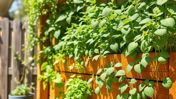 Vertical herb garden in backyard, easy garden project, sunny setting.
