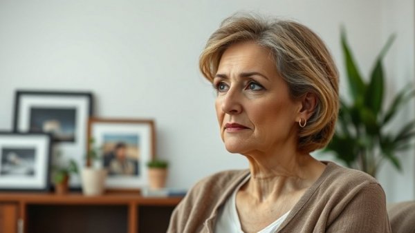 Middle-aged woman discussing the loneliness of working abroad in an indoor setting.