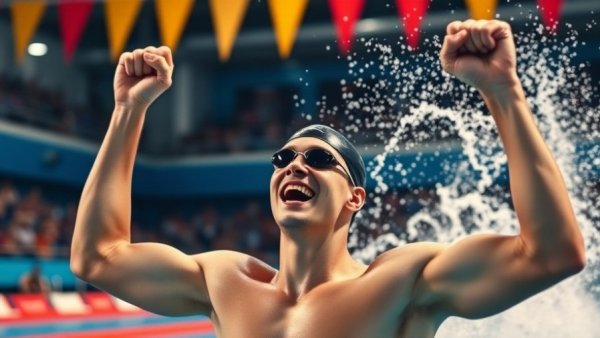 Swimmer celebrates at Indiana Men's Swimming Championships with arms raised.