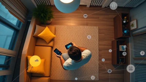 Overview of smart home technology in cozy living room, Charlotte NC.