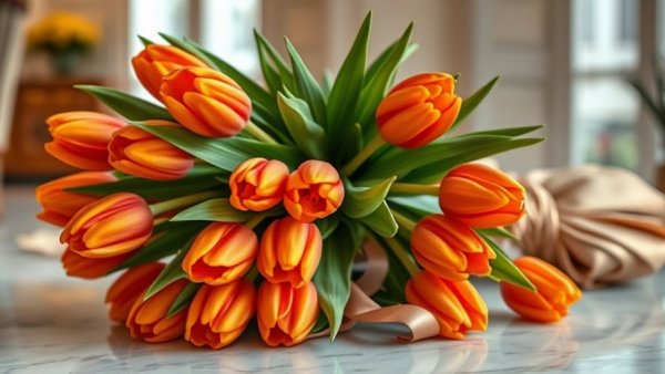 Spring home decor ideas with a bouquet of orange tulips.