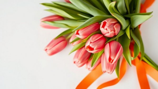 Vibrant coral tulips tied with orange ribbon, spring decor.