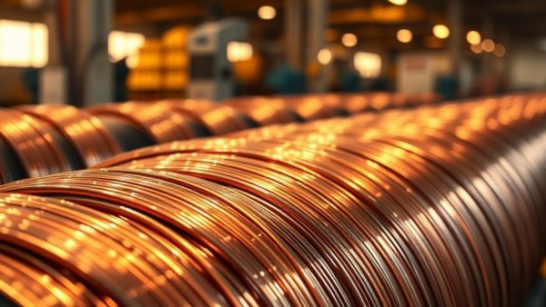 Copper wire spools reflecting warm lights, related to tariffs construction input prices.