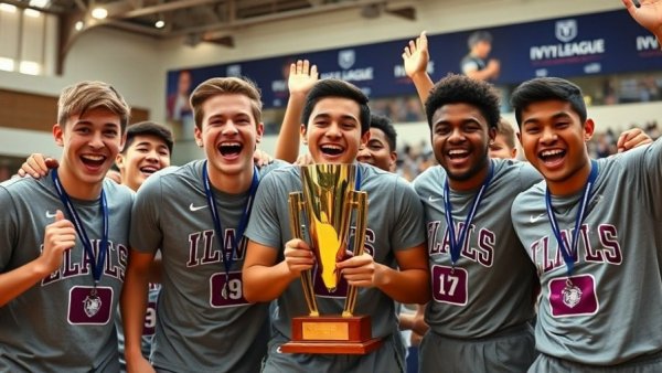 Ivy League Men's Swimming Championship winners celebrating with trophy.