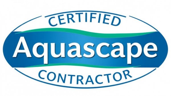 Certified Aquascape Contractor emblem in green and blue design.