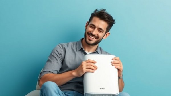 Smiling man enjoying IQAir Health Pro Plus XE air purifier benefits.