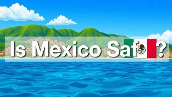 Is Mexico Safe Right Now? Coastal view with safety text overlay.