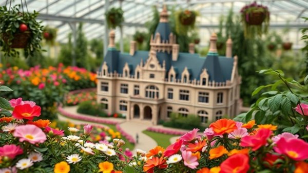 Biltmore Blooms miniature estate with vibrant flowers in a greenhouse.