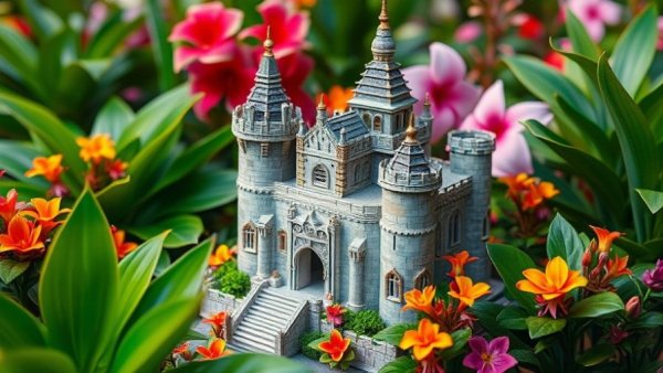 Miniature castle surrounded by vibrant flowers during Biltmore Blooms.