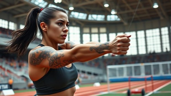 Chase Jackson executing a powerful shot put throw indoors.