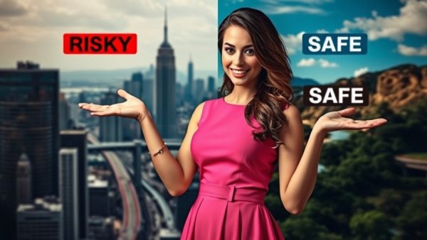 Woman assessing safest countries to retire abroad with city and landscape visuals.